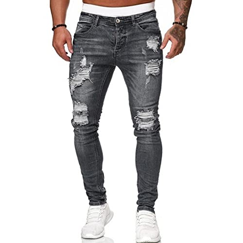 Celucke Zerrissene Jeans Slim Fit Herren Destroyed-Jeans Lässige High Waist Jeanshose Cropped Pants Fashion Washed Skinny Stretchjeans Sweatjeans Freizeithose(Grau,S) von Celucke