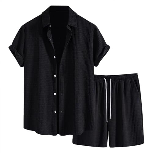 Celucke Zweiteiler Herren Baumwolle Klamotten Sommer Strand Outfit Einfarbig Button Down Revers Hemd und Shorts Atmungsaktiv Bequeme Freizeitanzug Beach Sommerkleidung Sets von Celucke