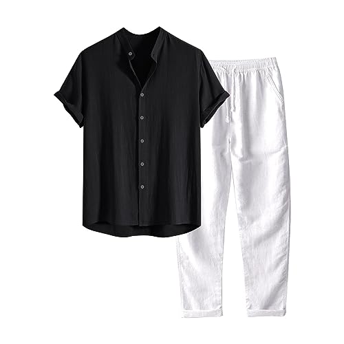 Celucke Zweiteiler Herren Leinenanzug Sommer Baumwolle Leinen Anzug Einfarbig 2-teilig Kurzarm Button-Up Revers Hemd und Hose Beach Shirt Kurze Hose Set Freizeitanzug von Celucke
