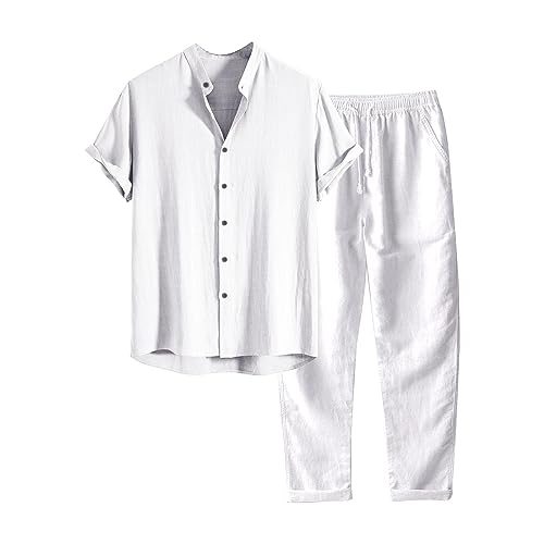 Celucke Zweiteiler Herren Leinenanzug Sommer Baumwolle Leinen Anzug Einfarbig 2-teilig Kurzarm Button-Up Revers Hemd und Hose Beach Shirt Kurze Hose Set Freizeitanzug von Celucke