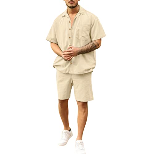 Celucke Zweiteiler Herren Leinenanzug Sommer Freizeitanzug Einfarbig 2-teilig Kurzarm Baumwolle Leinen Anzug Revers Hemd und Shorts Strand Yoga Anzug Set von Celucke