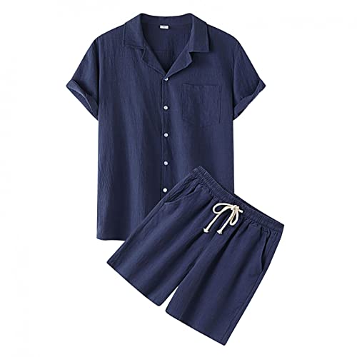 Celucke Zweiteiler Herren Leinenanzug Sommer Freizeitanzug Einfarbig 2-teilig Kurzarm Button-Up Revers Hemd und Shorts Beach Shirt Kurze Hose Set Baumwolle Leinen Anzug（Blau,M） von Celucke