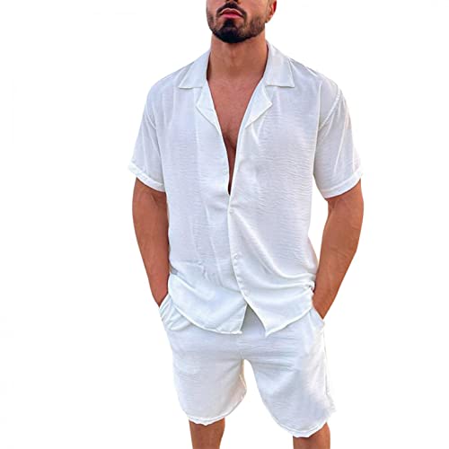 Celucke Zweiteiler Herren Leinenanzug Sommer Freizeitanzug Einfarbig 2-teilig Kurzarm Button-Up Revers Hemd und Shorts Beach Shirt Kurze Hose Set Baumwolle Leinen Anzug(Weiß,3XL) von Celucke