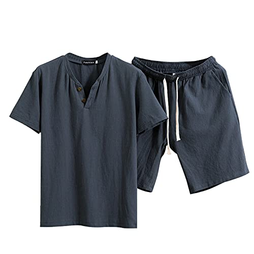 Celucke Zweiteiler Herren Leinenanzug Sommer Freizeitanzug Einfarbig 2-teilig Kurzarm Button-Up Revers Hemd und Shorts Beach Shirt Kurze Hose Set Baumwolle Leinen Anzug von Celucke