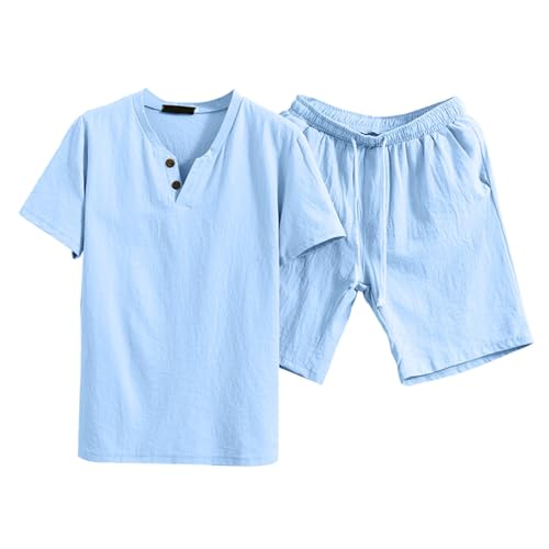 Celucke Zweiteiler Herren Leinenanzug Sommer Freizeitanzug Einfarbig 2-teilig Kurzarm Button-Up Revers Hemd und Shorts Beach Shirt Kurze Hose Set Baumwolle Leinen Anzug von Celucke