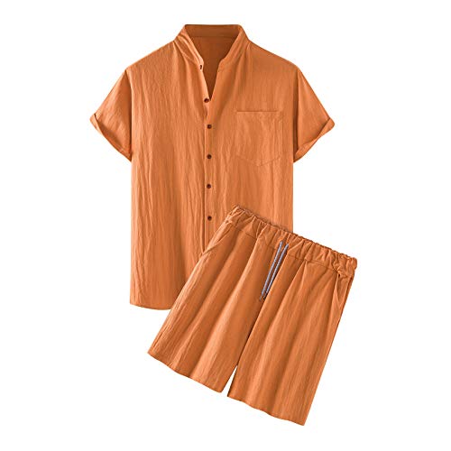 Celucke Zweiteiler Herren Leinenanzug Sommer Freizeitanzug Einfarbig 2-teilig Kurzarm Button-Up Revers Hemd und Shorts Beach Shirt Kurze Hose Set Baumwolle Leinen Anzug von Celucke