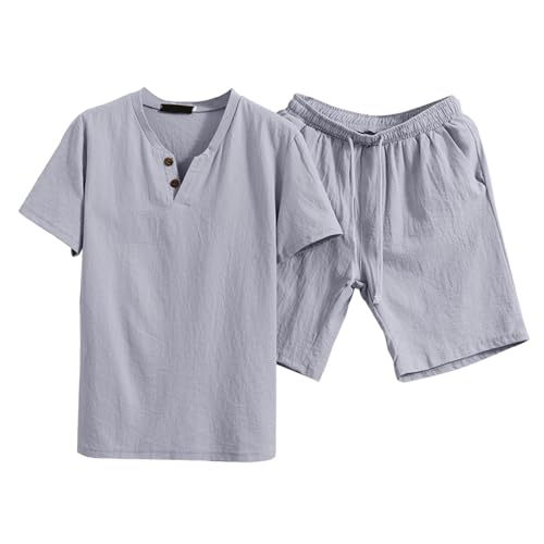 Celucke Zweiteiler Herren Leinenanzug Sommer Freizeitanzug Einfarbig 2-teilig Kurzarm Button-Up Revers Hemd und Shorts Beach Shirt Kurze Hose Set Baumwolle Leinen Anzug von Celucke