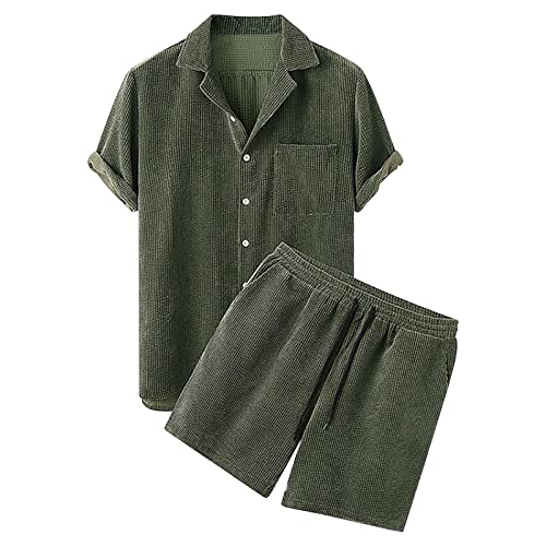 Celucke Zweiteiler Herren Leinenanzug Sommer Freizeitanzug Einfarbig 2-teilig Kurzarm Button-Up Revers Hemd und Shorts Beach Shirt Kurze Hose Set Baumwolle Leinen Anzug von Celucke