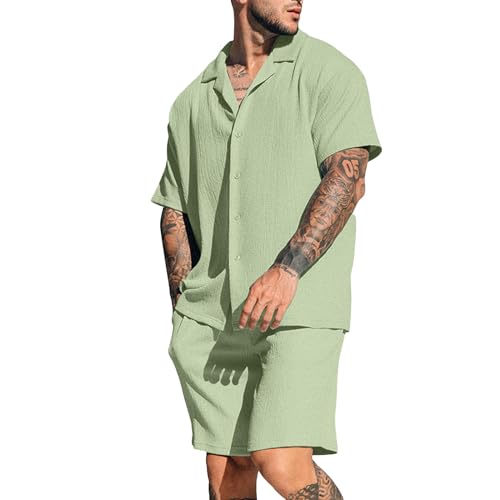 Celucke Zweiteiler Herren Leinenanzug Sommer Freizeitanzug Einfarbig 2-teilig Kurzarm Button-Up Revers Hemd und Shorts Beach Shirt Kurze Hose Set Baumwolle Leinen Anzug von Celucke