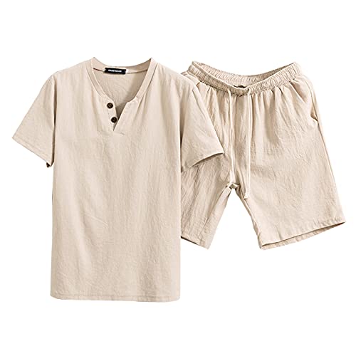 Celucke Zweiteiler Herren Leinenanzug Sommer Freizeitanzug Einfarbig 2-teilig Kurzarm Button-Up Revers Hemd und Shorts Beach Shirt Kurze Hose Set Baumwolle Leinen Anzug von Celucke