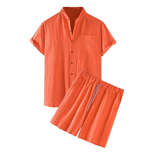 Celucke Zweiteiler Herren Leinenanzug Sommer Freizeitanzug Einfarbig 2-teilig Kurzarm Button-Up Revers Hemd und Shorts Beach Shirt Kurze Hose Set Baumwolle Leinen Anzug von Celucke