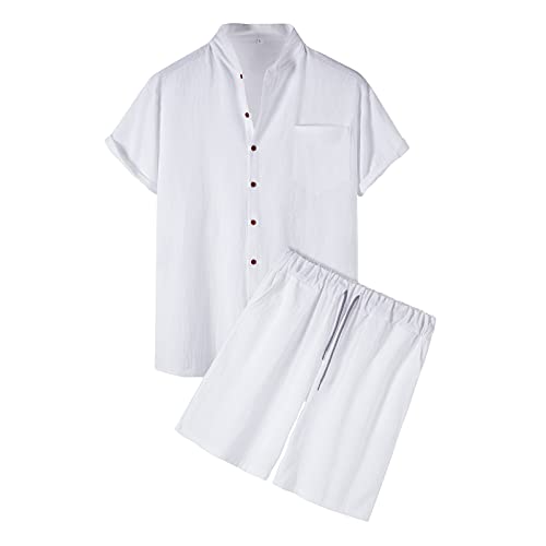 Celucke Zweiteiler Herren Leinenanzug Sommer Freizeitanzug Einfarbig 2-teilig Kurzarm Button-Up Revers Hemd und Shorts Beach Shirt Kurze Hose Set Baumwolle Leinen Anzug von Celucke