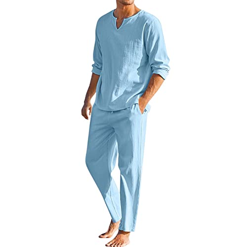 Celucke Zweiteiler Leinen Freizeitanzug Herren Leinenanzug Sommer 2-Teiliges Shirt Langarm und Strandhose aus Baumwolle und Leinen Hausanzug Jogginganzug Yoga Anzug (Light Blue, XL) von Celucke