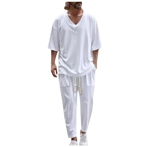 Celucke Zweiteiliges Outfit Herren Einfarbige Halbe Ärmel T Shirts Und Hose Sport Set Teenager-Anzug Baggy Sommer Anzug Strand Outfit Freizeitanzug 2024 Pullover Mit V-Ausschnitt Freizeithosen Outfit von Celucke