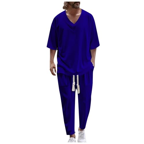 Celucke Zweiteiliges Outfit Herren Einfarbige Halbe Ärmel T Shirts Und Hose Sport Set Teenager-Anzug Baggy Sommer Anzug Strand Outfit Freizeitanzug 2024 Pullover Mit V-Ausschnitt Freizeithosen Outfit von Celucke