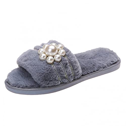 Hausschuhe Damen Plüsch Flache Schuhe mit Perle Pelzige Pantoffeln Winter Warme Slippers Indoor Rutschfest Mode Baumwollpantoffeln von Celucke