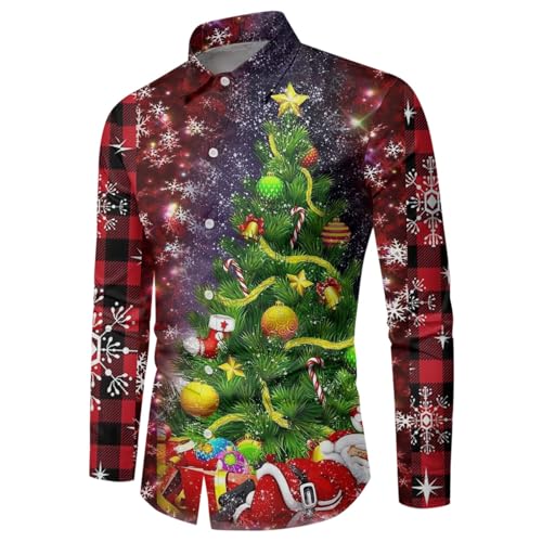 Hemd Herren Langarm Weihnachten 2024 Weihnachtshemd Lustig 3D Druck Hawaii Hemden Slim Fit Freizeithemd Revers Button Up Christmas Shirt Männer Funky X-Mas Hawaiihemd von Celucke