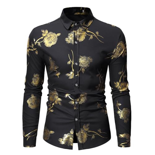Herren Hemd Luxus Paisley Goldene Rose Druck Slim Fit Businesshemden Hot Gold Shirt Langarm Hochzeit Button Down Hemden Golden Bronzing Print Geschäftskleidung Freizeithemd von Celucke