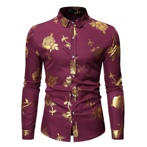 Herren Hemd Luxus Paisley Goldene Rose Druck Slim Fit Businesshemden Hot Gold Shirt Langarm Hochzeit Button Down Hemden Golden Bronzing Print Geschäftskleidung Freizeithemd von Celucke