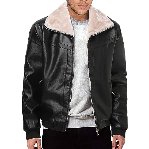 Herren Lederjacke mit Fell Fleece Gefütterter Reverskragen Winterjacke Warme Gefütterte Jacken Schwarz Casual Winter Übergangsjacke Outdoor Fleecejacke von Celucke