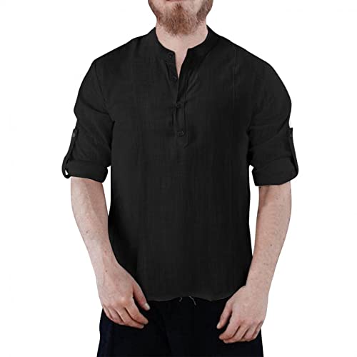 Herren Mittelalter Leinenhemd Sommer Herbst Hemden Kurzarm Retro-Kragen mit Schnürung, Männer Freizeithemd Casual Leinen Yoga Shirt Fisherman Sommerhemd (Schwarz, L) von Celucke