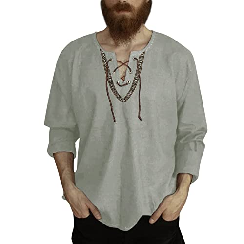 Herren Mittelalter Leinenhemd Sommer Herbst Hemden Kurzarm Retro-Kragen mit Schnürung, Männer Freizeithemd Casual Leinen Yoga Shirt Fisherman Sommerhemd (Weiß, M) von Celucke