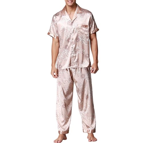 Herren Pyjama Set mit Kurzen Ärmeln Hemd und Hosen Schlafanzug Zweiteiliges Set Frühlings Pyjama Set aus Bedruckter Seide Eisseide für zu Hause Sommer Knopfleiste Zweiteilig Set von Celucke