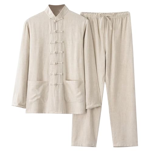Herren Tang-Anzug Baumwolle Und Leinen Chinesischer Langarm T-Shirt Hosen 2024 Casual Tai Chi Oberteil Chinesischen Freizeitanzug Teenager-Anzug Sommer Outfit Festival Outfit von Celucke