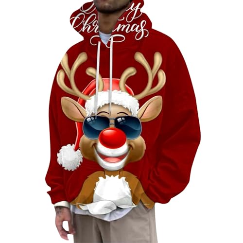 Hoodie Herren Weihnachtspullover Weihnachtspulli Pullover Oversized Pulli Elch Muster Kapuzenpullover Merry Christmas Sweatshirt Weihnachten Unisex Casual Kapuzenpulli Xmas Pulli Streetwear Hoody von Celucke