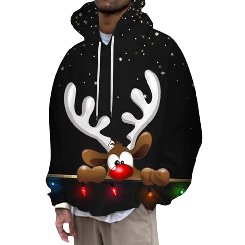 Hoodie Herren Weihnachtspullover Weihnachtspulli Pullover Oversized Pulli Elch Muster Kapuzenpullover Merry Christmas Sweatshirt Weihnachten Unisex Casual Kapuzenpulli Xmas Pulli Streetwear Hoody von Celucke
