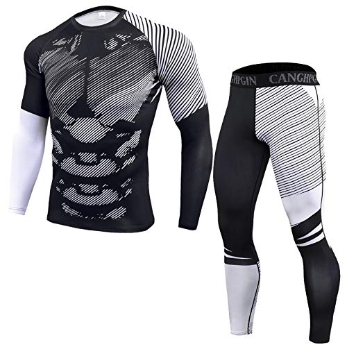 Kompressionsanzug Herren Set Thermounterwäsche Druck Winter Funktionswäsche Slim fit Schnelltrocknend Atmungsaktive Funktionsunterwäsche Jogginganzug Langarm Shirt und Hose Sportanzug Fitness 2-teilig von Celucke