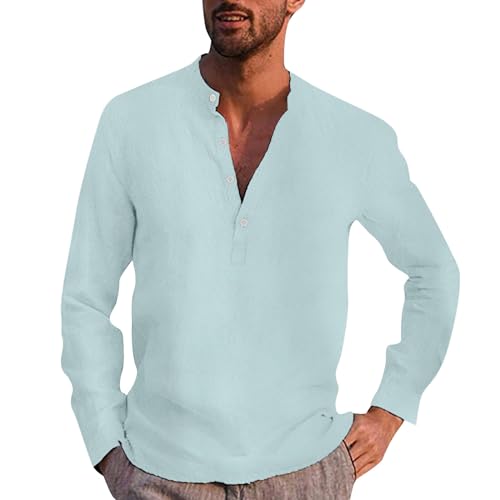 Leinen Hemden Herren Henley Shirt Langarm Leinenhemd Sommer Weißes Hemd Männer Sommerhemd Leicht Bügelfrei Freizeithemden Baumwolle Halber Button Down Regular Fit Tshirt Stehkragenhemd von Celucke