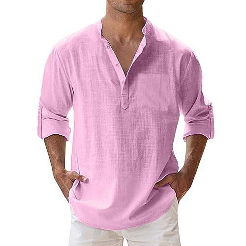 Leinen Hemden Herren Henley Shirt Langarm Leinenhemd Sommer Weißes Hemd Männer Sommerhemd Leicht Bügelfrei Freizeithemden Baumwolle Halber Button Down Regular Fit Tshirt Stehkragenhemd von Celucke