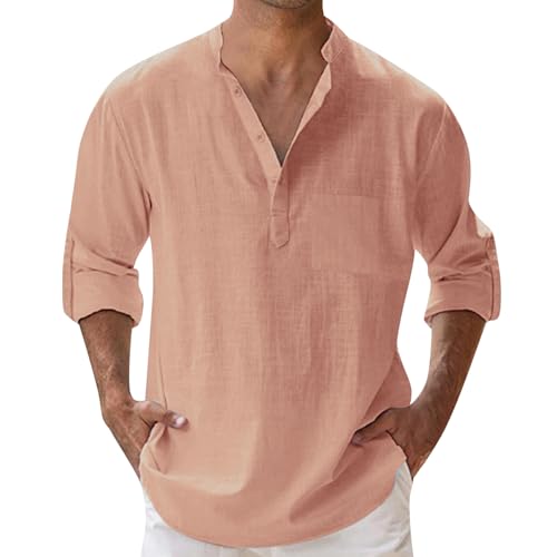 Leinen Hemden Herren Henley Shirt Langarm Leinenhemd Sommer Weißes Hemd Männer Sommerhemd Leicht Bügelfrei Freizeithemden Baumwolle Halber Button Down Regular Fit Tshirt Stehkragenhemd von Celucke
