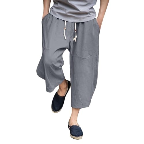 Leinenhose Herren 3/4 Haremshose Kurz Hosen Pumphose Leinen Sommer Strand Stickerei Einfarbige Hose Baumwolle Mit Kordelzug Loose Dreiviertel Hose Yogashorts High Waist Freizeit Jogger Shorts von Celucke