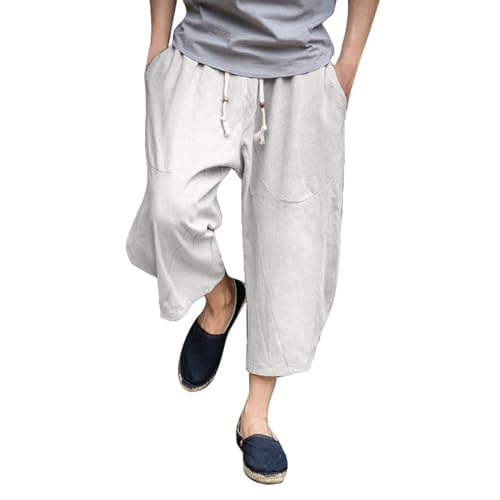 Leinenhose Herren 3/4 Haremshose Kurz Hosen Pumphose Leinen Sommer Strand Stickerei Einfarbige Hose Baumwolle Mit Kordelzug Loose Dreiviertel Hose Yogashorts High Waist Freizeit Jogger Shorts von Celucke
