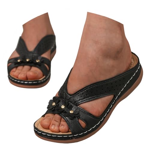 Orthopädische Schuhe Damen Sommer Keil Orthopädische Sandalen Mit Weiches Fußbett Pantoffeln PU Leder Blume Hohlsandalen Vintage Peep Toe Plateau Freizeit Pantoletten Outdoor Strand Hausschuhe von Celucke