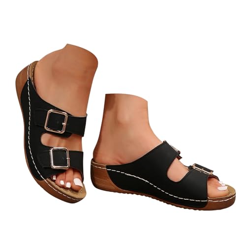 Orthopädische Schuhe Damen Sommer Keil Orthopädische Sandalen Mit Weiches Fußbett Pantoffeln PU Leder Blume Hohlsandalen Vintage Peep Toe Plateau Freizeit Pantoletten Outdoor Strand Hausschuhe von Celucke