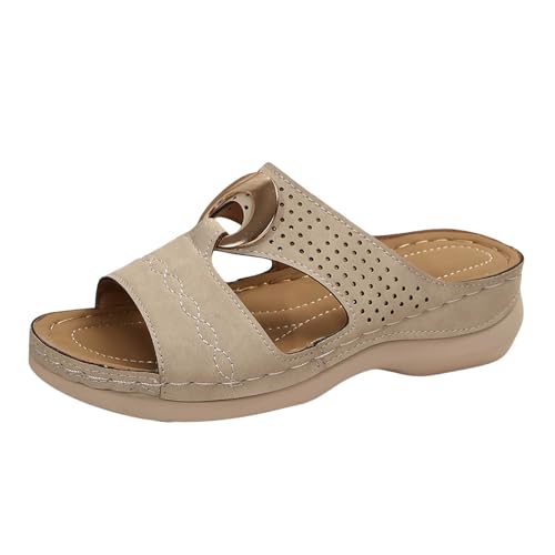 Orthopädische Schuhe Damen Sommer Keil Orthopädische Sandalen Mit Weiches Fußbett Pantoffeln PU Leder Blume Hohlsandalen Vintage Peep Toe Plateau Freizeit Pantoletten Outdoor Strand Hausschuhe von Celucke
