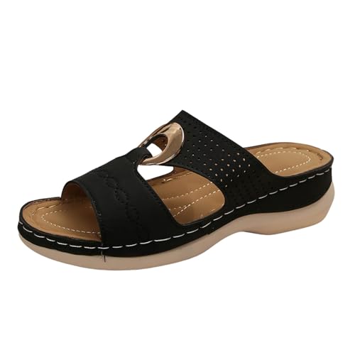 Orthopädische Schuhe Damen Sommer Keil Orthopädische Sandalen Mit Weiches Fußbett Pantoffeln PU Leder Blume Hohlsandalen Vintage Peep Toe Plateau Freizeit Pantoletten Outdoor Strand Hausschuhe von Celucke