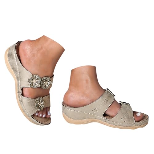 Orthopädische Schuhe Damen Sommer Keil Orthopädische Sandalen Mit Weiches Fußbett Pantoffeln PU Leder Blume Hohlsandalen Vintage Peep Toe Plateau Freizeit Pantoletten Outdoor Strand Hausschuhe von Celucke