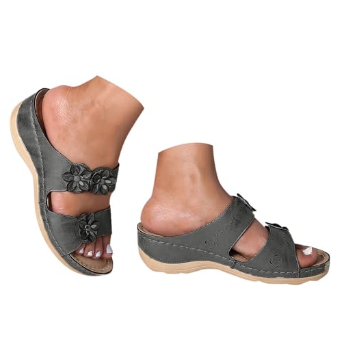 Orthopädische Schuhe Damen Sommer Keil Orthopädische Sandalen Mit Weiches Fußbett Pantoffeln PU Leder Blume Hohlsandalen Vintage Peep Toe Plateau Freizeit Pantoletten Outdoor Strand Hausschuhe von Celucke