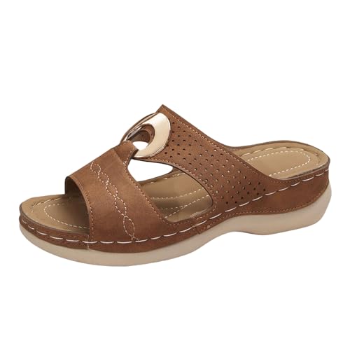 Orthopädische Schuhe Damen Sommer Keil Orthopädische Sandalen Mit Weiches Fußbett Pantoffeln PU Leder Blume Hohlsandalen Vintage Peep Toe Plateau Freizeit Pantoletten Outdoor Strand Hausschuhe von Celucke