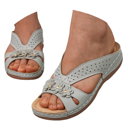 Orthopädische Schuhe Damen Sommer Keil Orthopädische Sandalen Mit Weiches Fußbett Pantoffeln PU Leder Blume Hohlsandalen Vintage Peep Toe Plateau Freizeit Pantoletten Outdoor Strand Hausschuhe von Celucke