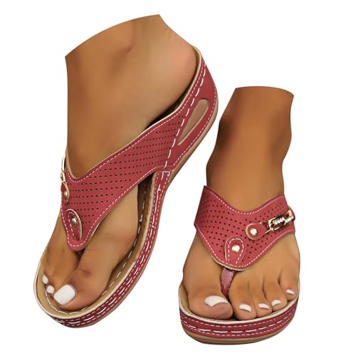 Orthopädische Schuhe Damen Sommer Keil Orthopädische Sandalen Mit Weiches Fußbett Pantoffeln PU Leder Blume Hohlsandalen Vintage Peep Toe Plateau Freizeit Pantoletten Outdoor Strand Hausschuhe von Celucke