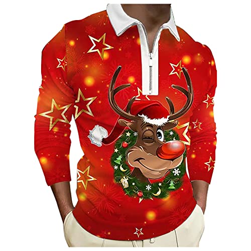 Polo Shirts Männer Weihnachts Henley Shirt Reißverschluss Poloshirt Golf-T-Shirt Business Langarm Weihnachtspullover Winter Sweatshirt Xmas Party Streetwear von Celucke