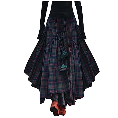 Röcke Damen Kariert Rock Lange Tartan Retro Maxirock Hohe Taille Schottenkaro Rock Ausgestellte Form Vintage Karierte Long Rock Swing Röcke Skirts Elastische Taille Oktoberfestrock Karneval Kleid von Celucke