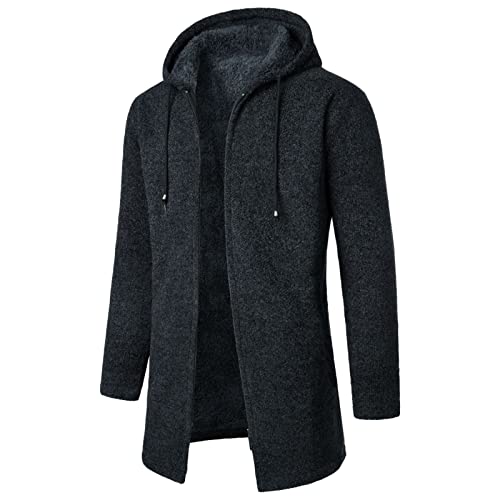 Strickjacke Herren mit Kapuze Cardigan Mittellang Trachten Jacke Reißverschluss Wintermantel Einfarbig Trachtenjanker Kapuzenjacke Winter Gestrickt Sweatjacke Bequeme Strickmantel von Celucke