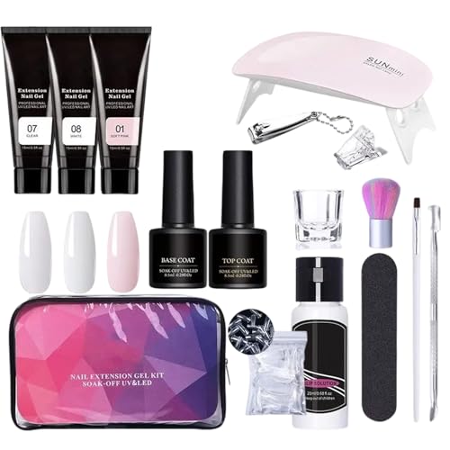 Celuicion Nagelverlängerungsgelkit, Poly -Verlänger -Gelnagel -Kit,3 Farben Verlängerung Nagelgel mit Schlupflösung und Lampe - Professionelle Maniküreversorgung für Frauen und Mädchen von Celuicion