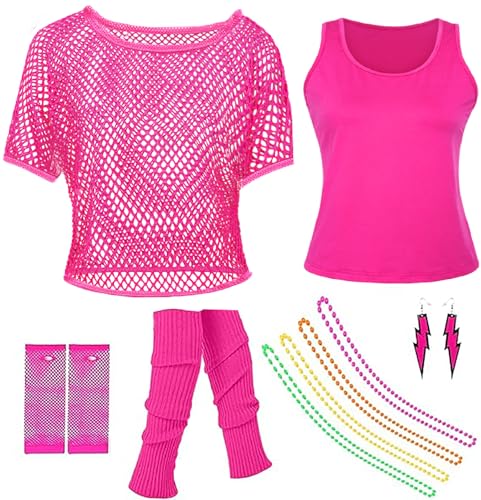 80er 90er Jahre Netzoberteil Damen, Neon Netz Shirt Mädchen, Retro Kostüm Accessoire mit Netzhandschuhe Beinstulpen für Mottoparty Karneval Neon Party (Rosenrot, M) von Celvibe